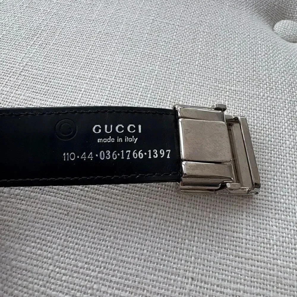 Gucci Men’s GG Canvas Belt Black 110/44 Silver Clamp Buckle Italy
